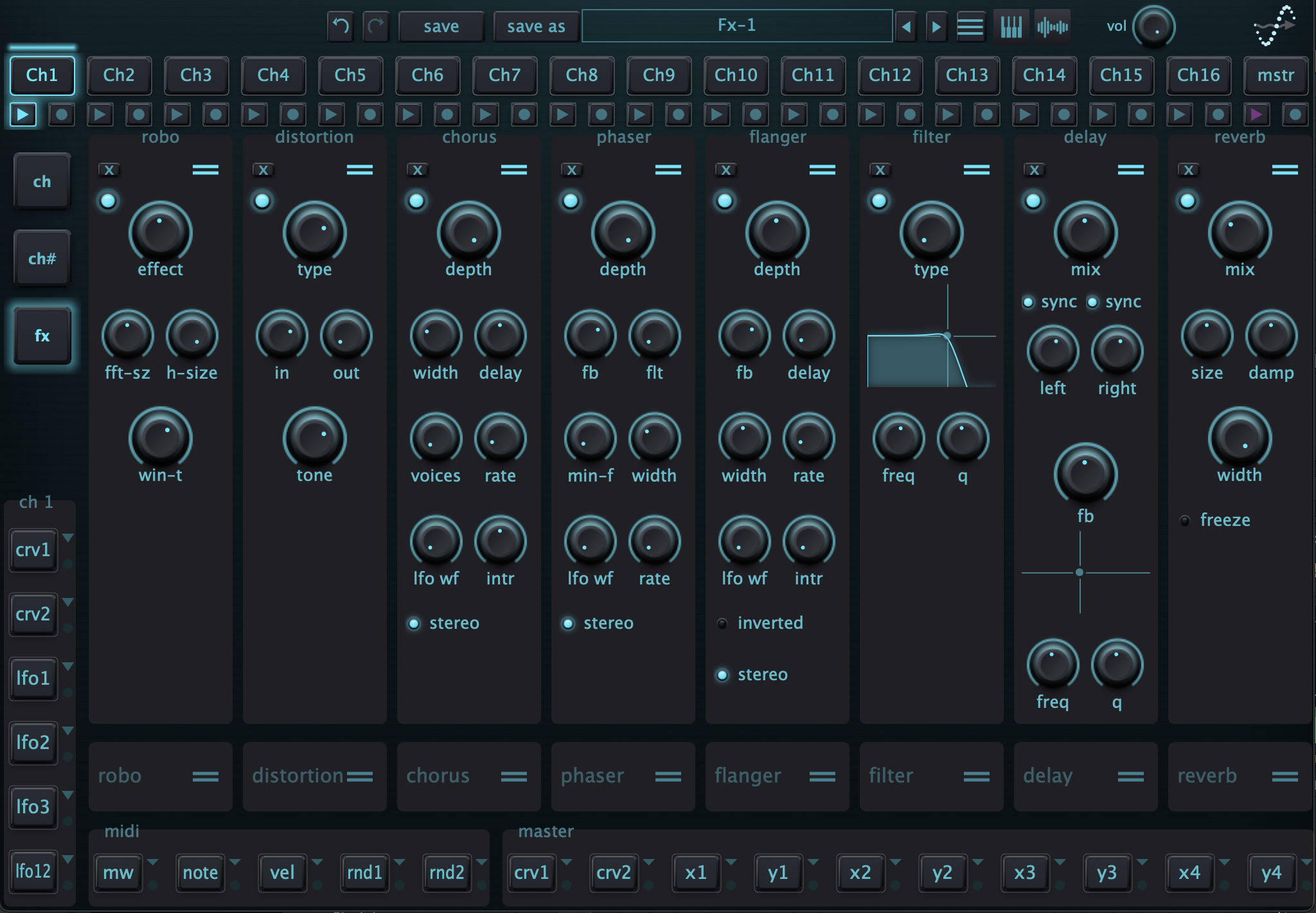 DWP-16 effects view with Robo, distortion, chorus, phaser, flanger, filter, delay and reverb controls