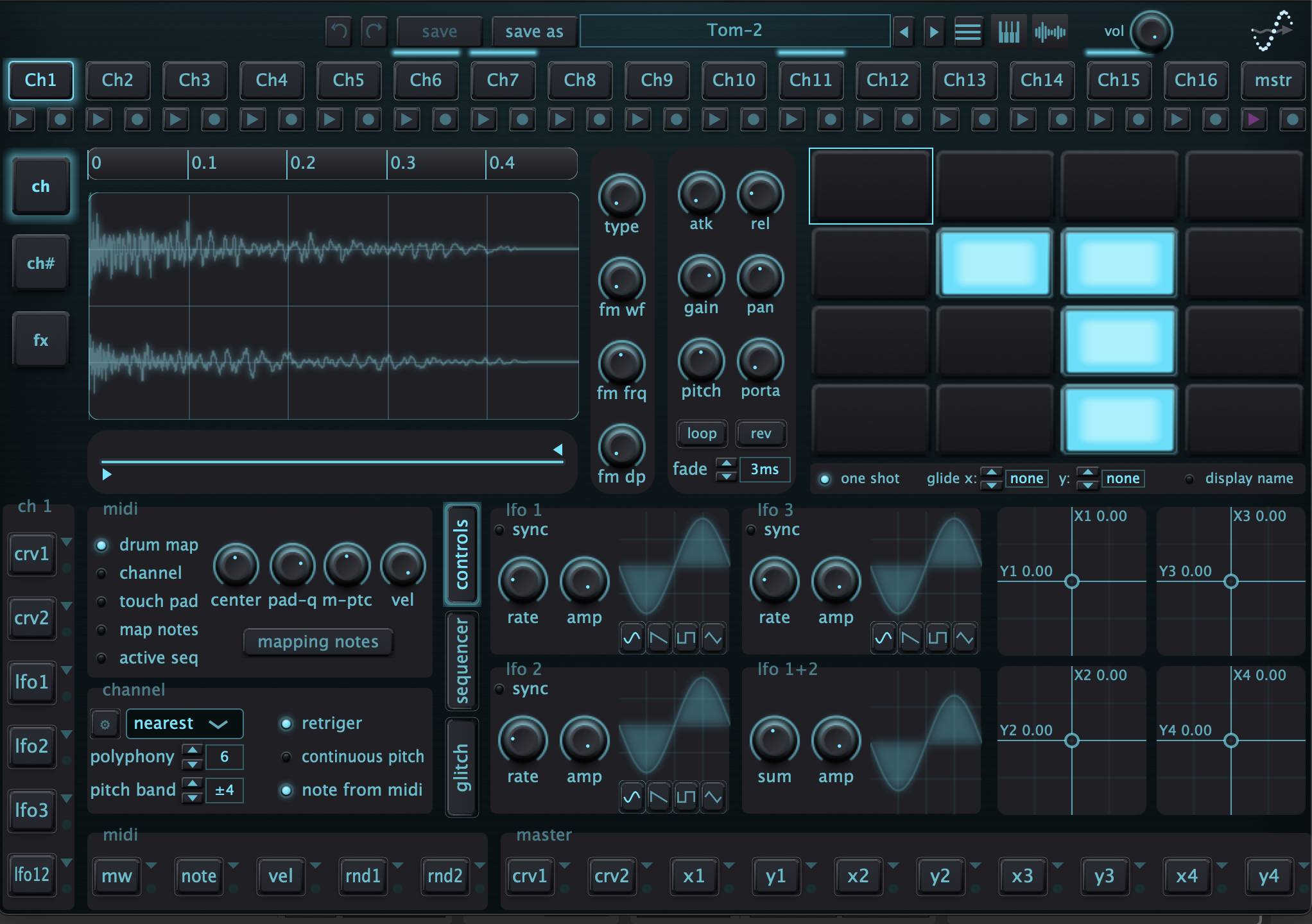 DWP-16 with the Tom-2 preset loaded: a stereo waveform, sixteen channel selectors, four illuminated performance pads, FM controls, LFOs and four XY pads