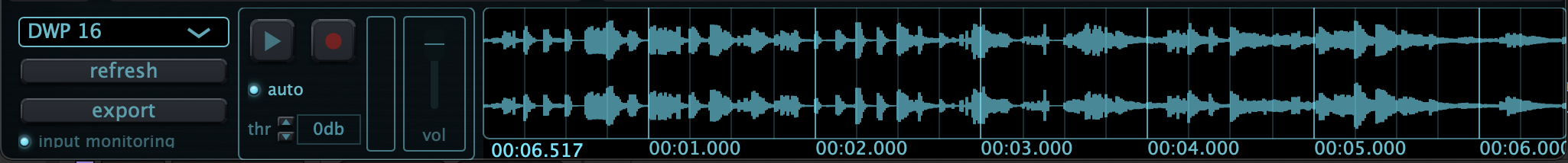 DWP-16 recorder with a captured stereo waveform, recording and playback controls, input monitoring and export