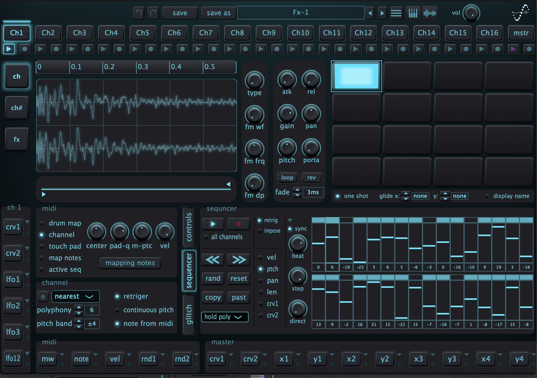DWP-16 sequencer showing two populated rows of pitch steps beneath the sample waveform and performance pads
