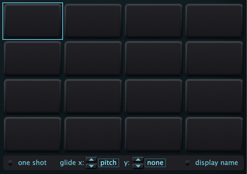 DWP-16 touchpad matrix with sixteen pads, One Shot, Glide X/Y and Display Name controls
