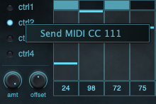 CTRL 2 selected with Amount and Offset controls and the Send MIDI CC 111 context menu open