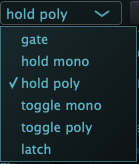 Sequencer Play Mode menu showing Gate, Hold Mono, Hold Poly, Toggle Mono, Toggle Poly and Latch