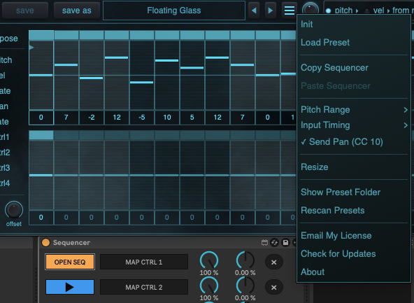 Sequencer preset top bar and main menu showing Load Preset, Copy Sequencer, Paste Sequencer and global options